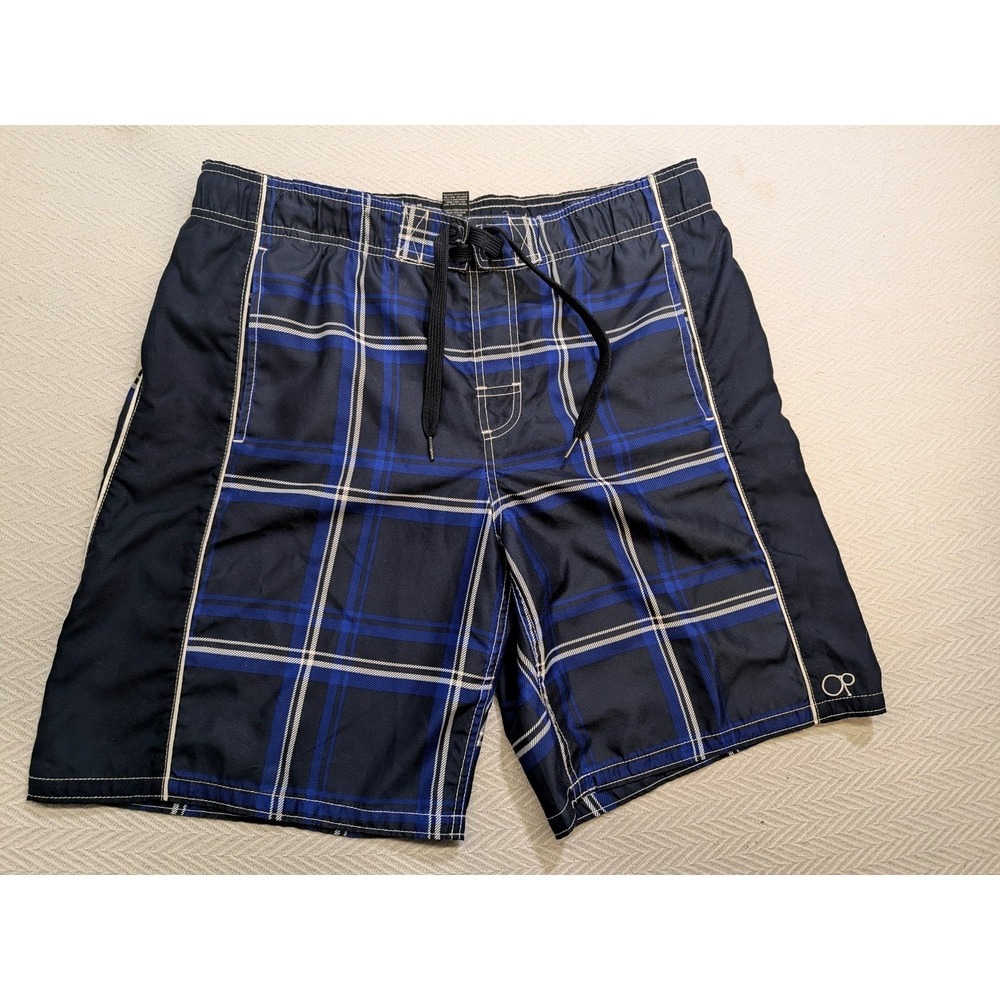 Ocean Pacific OP Board Shorts Mens M 32-34 Navy Blue Plaid Swim Trunks Mesh